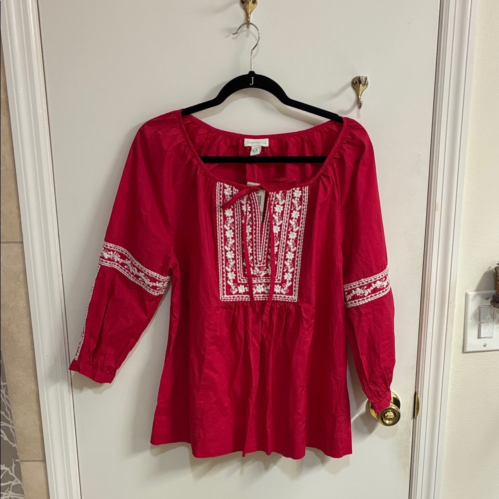 NWT Charter Club Fuchsia Embroidered Peasant Blouse Sz 12